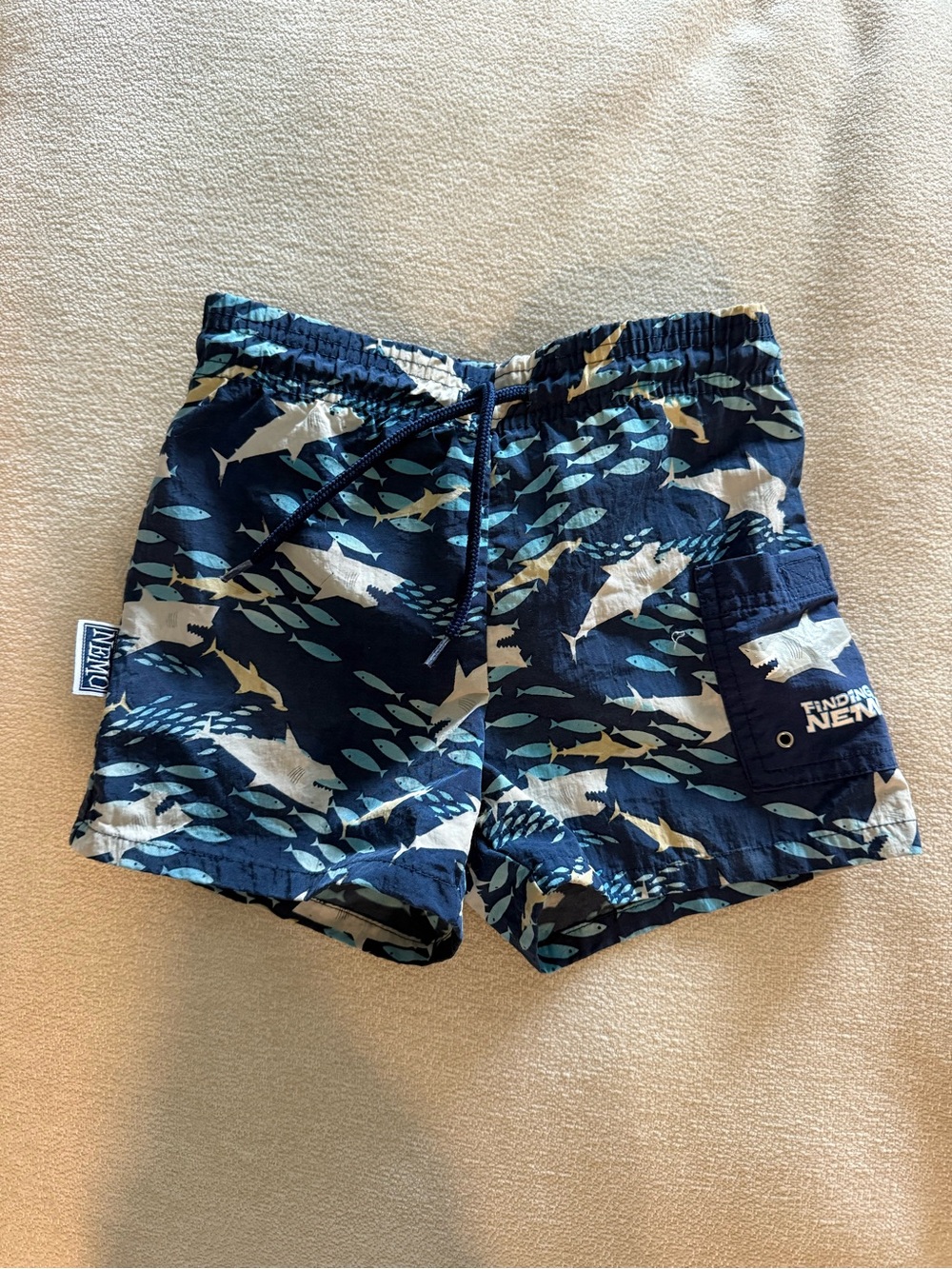 Disney FINDING NEMO Navy and Light Blue Shark & Fish Swim Trunks